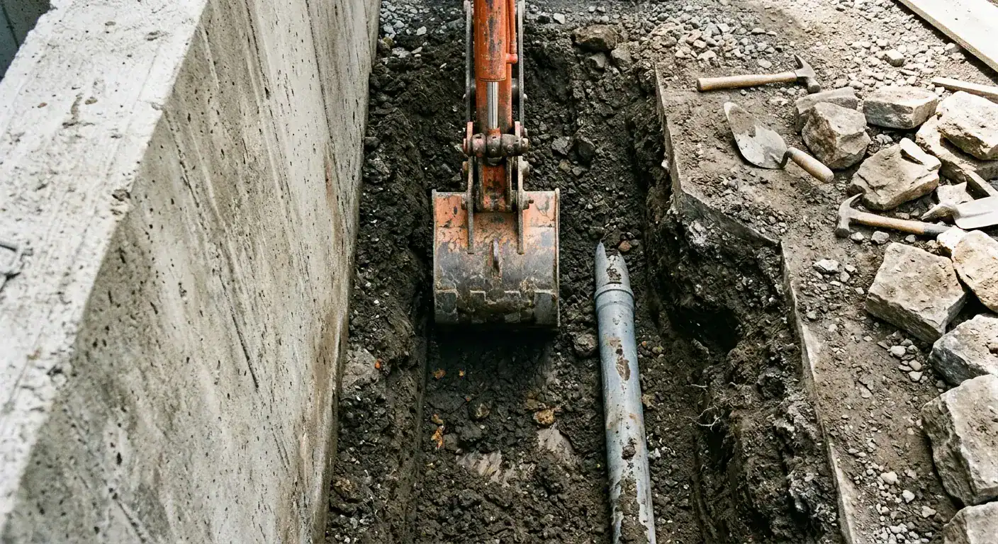 En gravemaskin i arbeid i en trang hage i Bergen, hvor det tas hensyn til eksisterende rørinstallasjoner og murer under graving nær grunnmuren