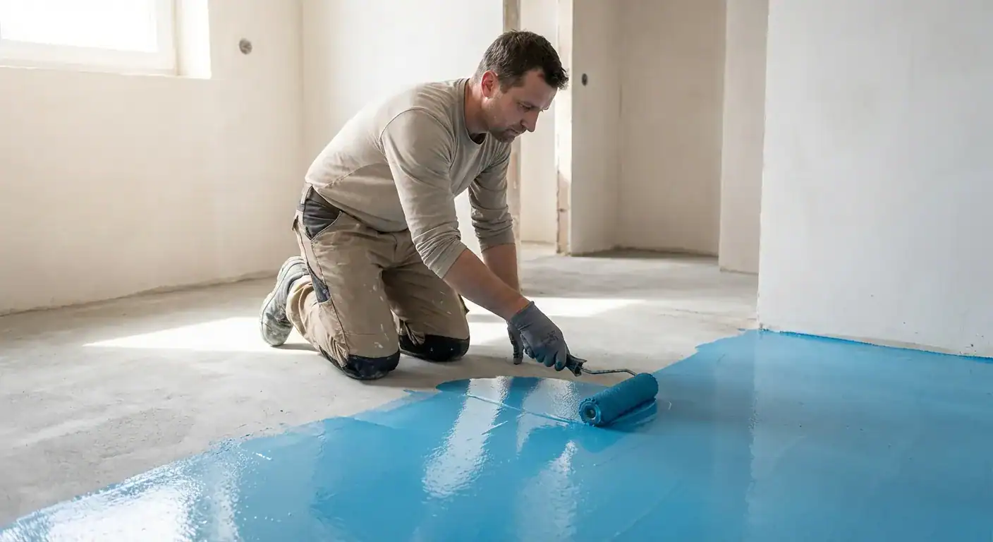 En murer som ruller ut en blå vanntett membran på et baderomsgulv