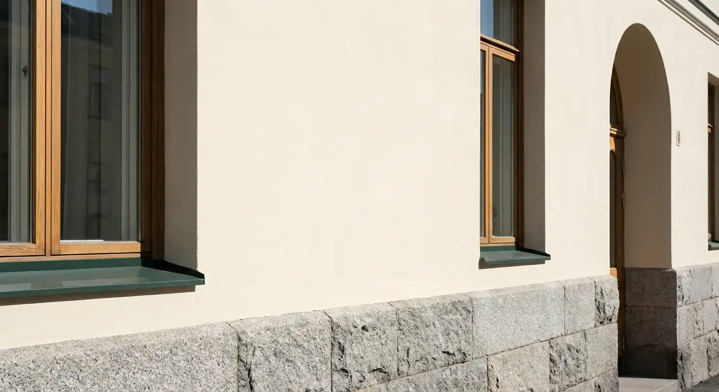 En nymalt og velholdt murfasade som skinner i dagslys etter profesjonell utbedring.