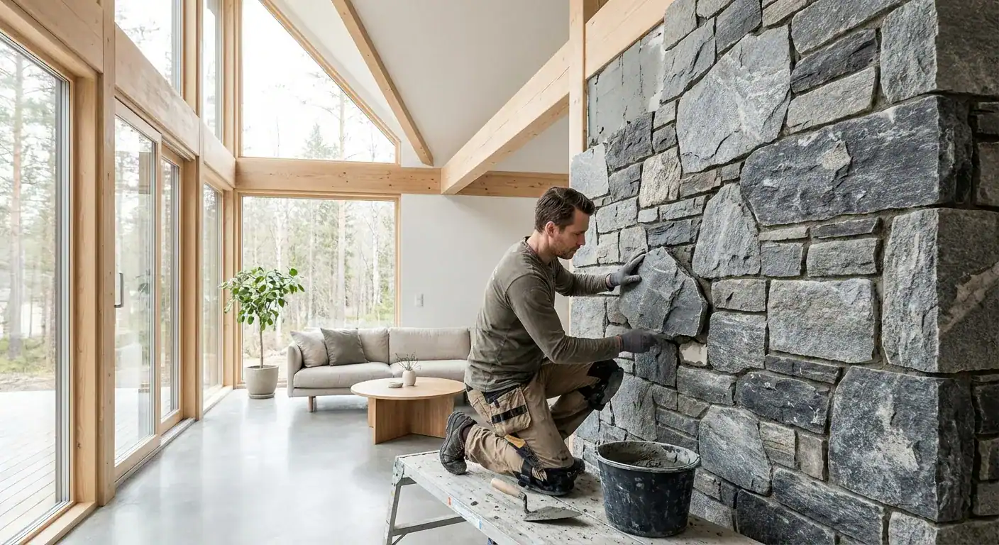 En murer som legger vakker naturstein på en peisvegg inne i en moderne hytte