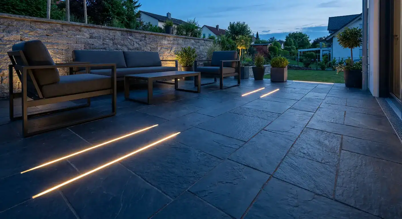En ferdigstilt terrasse i skifer med integrert utebelysning og moderne utemøbler