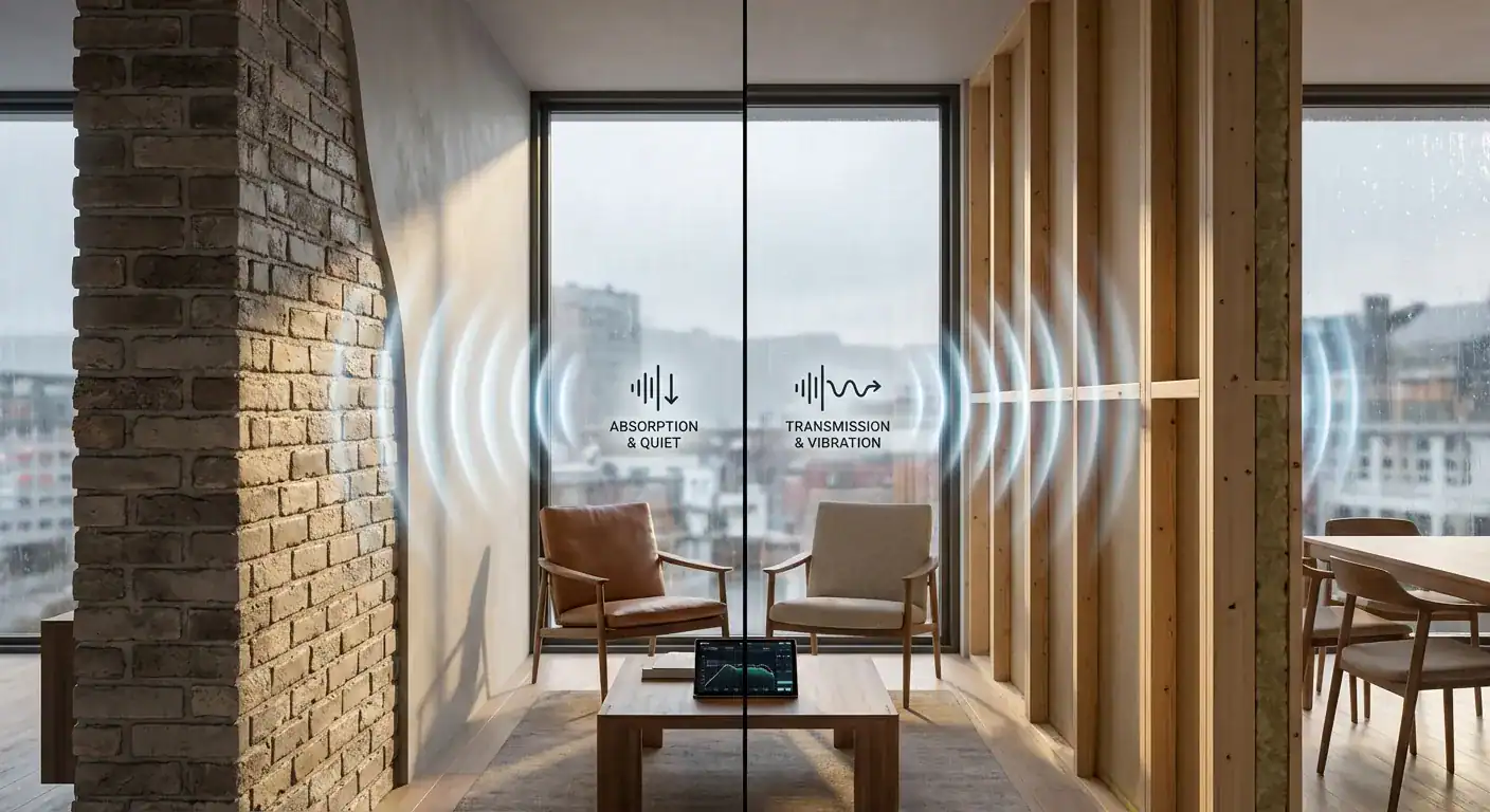 Illustrasjon som viser hvordan murvegger absorberer lyd sammenlignet med trevegger