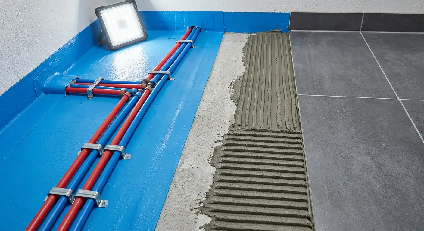 Et oversiktsbilde av tekniske komponenter som ligger bak flisene, som membran og rør-i-rør system.