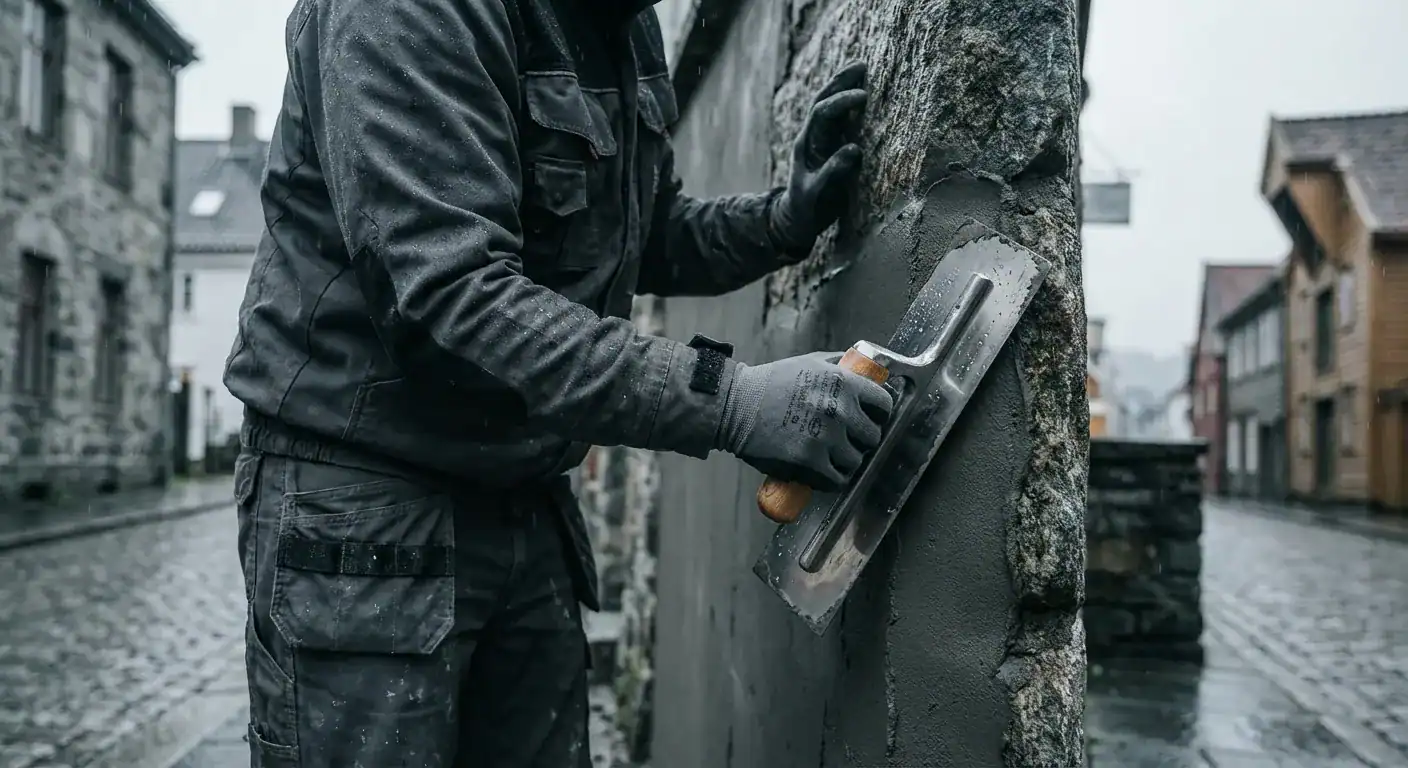 En murmester som påfører puss på en vegg i regnvær, med fokus på presisjon og verktøy