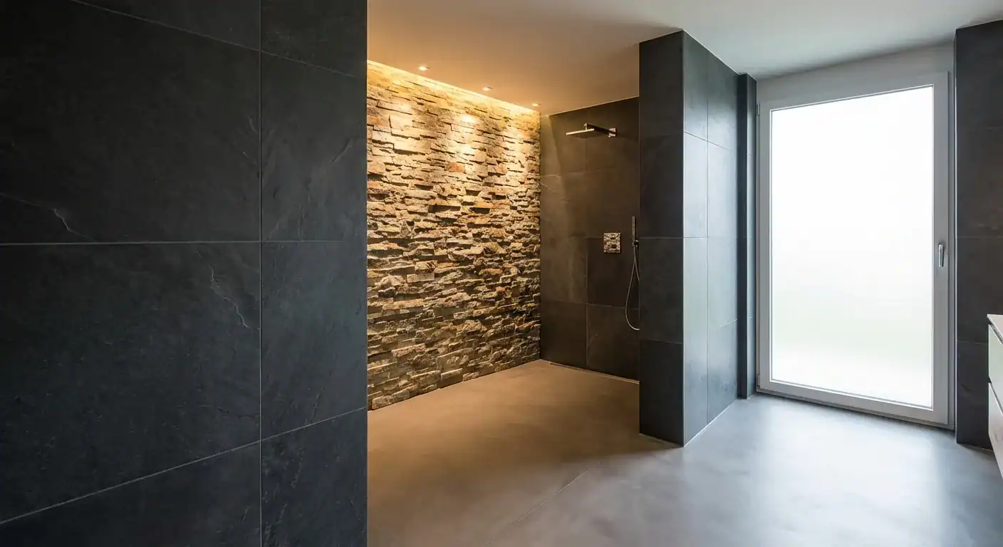 Et eksempel på et ferdigstilt bad med murerarbeid av høy kvalitet, gjerne med bruk av naturstein eller spesialfliser.