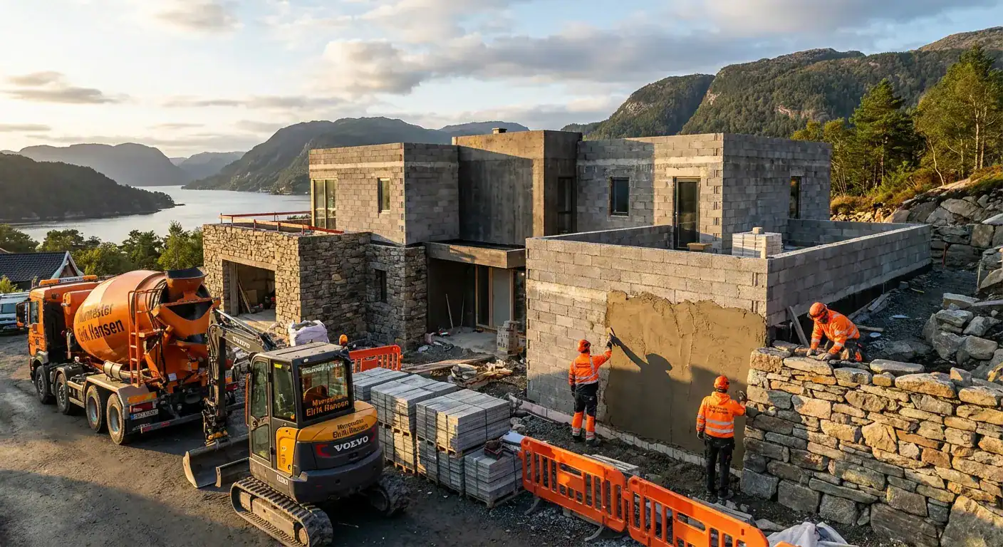 Et oversiktsbilde av en byggeplass hvor en murbolig reises, med Murmester Eirik Hansen-logo på utstyret